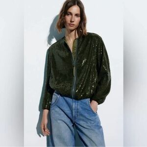 Zara Olive Sequin Bomber Jacket